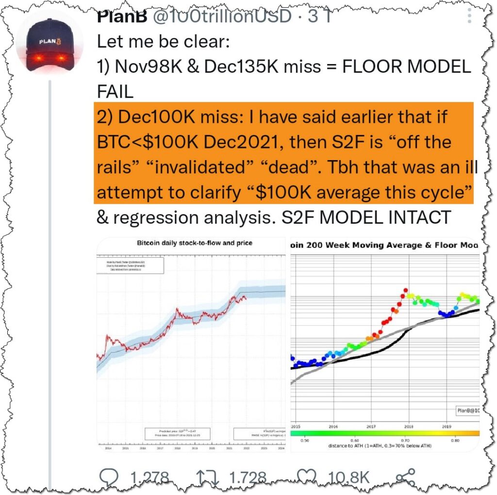 screenshot of planb being incorrect and then trying to explain on twitter 