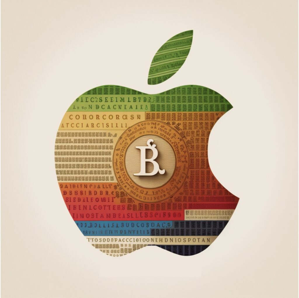 retro calligraphy color print of apple and bitcoin logo merged on tan background 