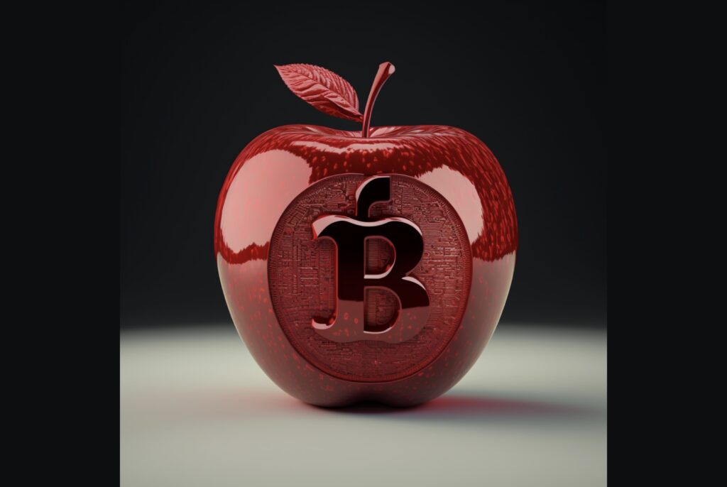 will apple buy bitcoin? shiny red apple with conceptual bitcoin logo embedded. metal apple with computer chip print. Apple buys bitcoin concept 