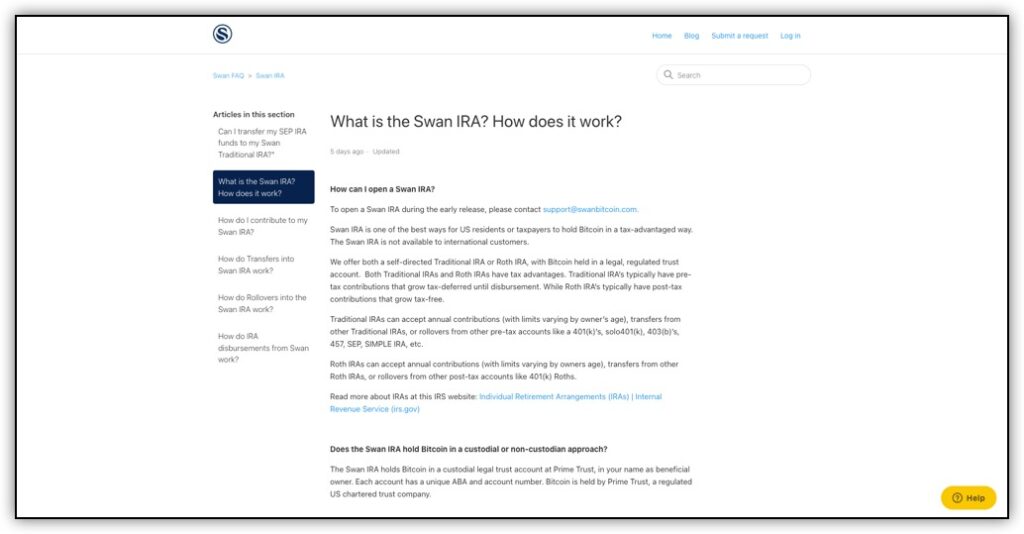 swan bitcoin ira faq page screenshot 
