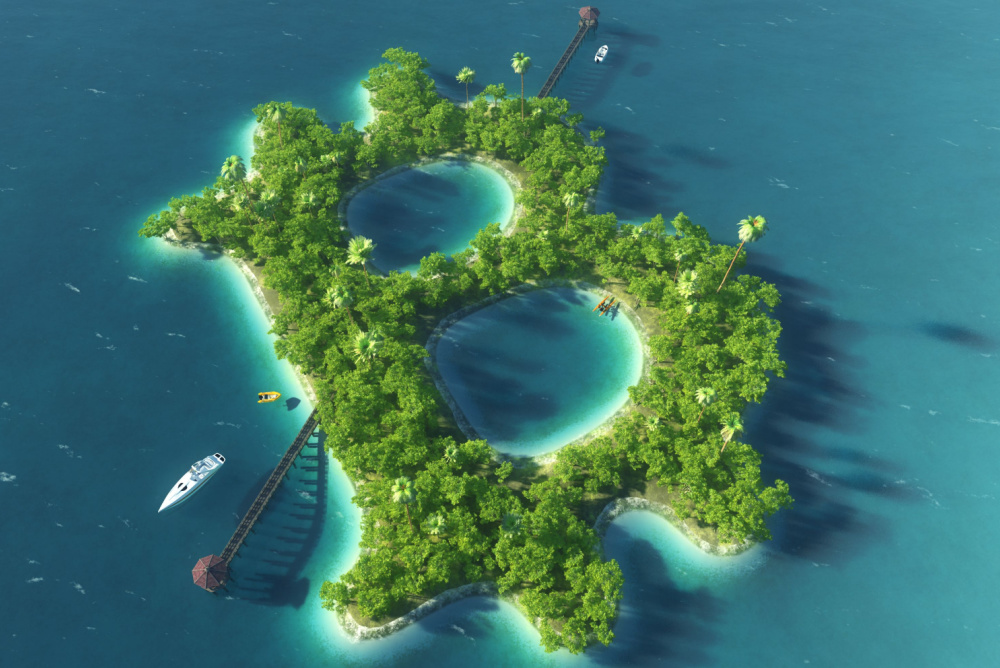 tropical island in the shape of a bitcoin symbol 