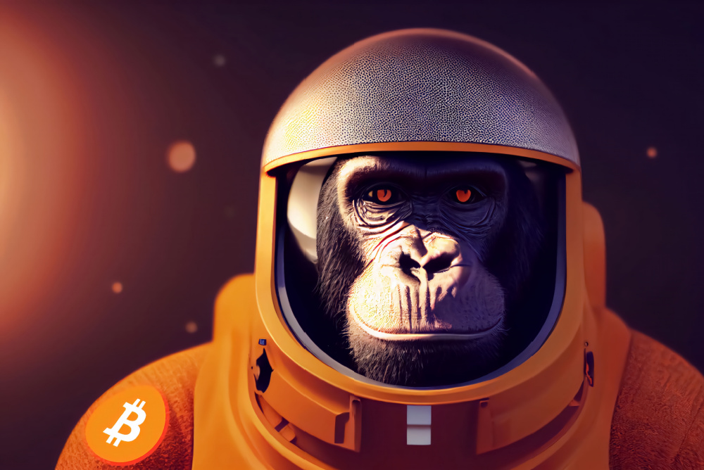 monkey in bitcoin orange space suit with bitcoin logo 