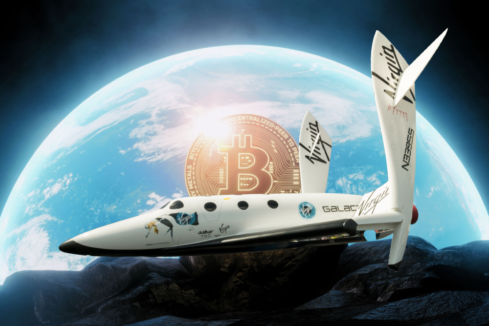 Richard Branson on Bitcoin. virgin galactic space ship landed on moon rock with bitcoin and earth in background 