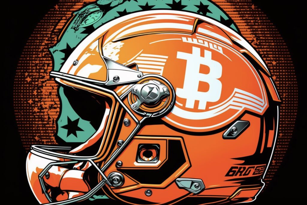 american football helmet with pop art comic design of bitcoin logo 