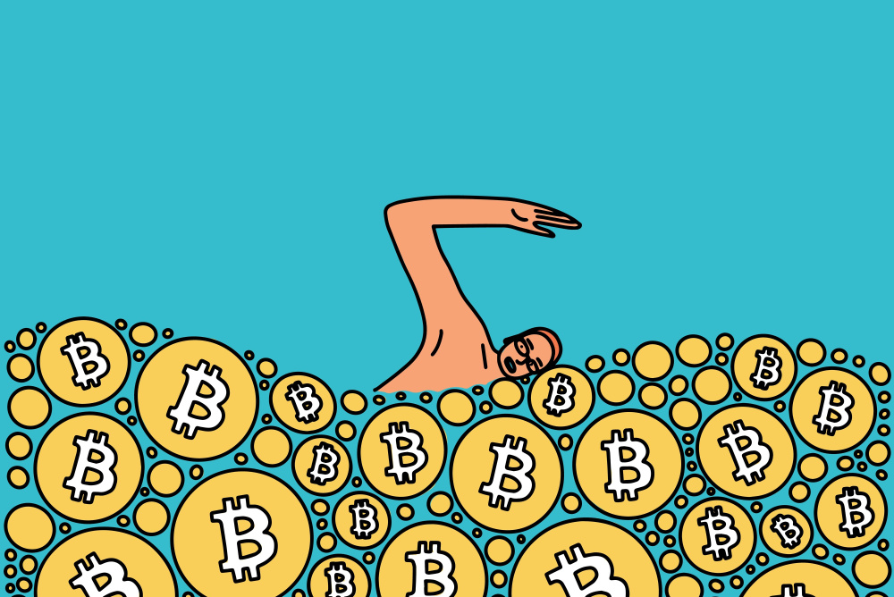 cartoon swimmer swimming in a pool of bitcoins. sports swimming. athletes earning bitcoin 