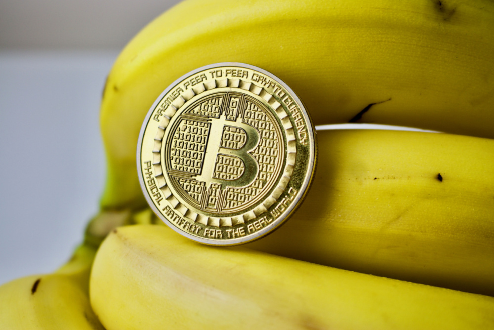 bunch of bright yellow bananas with gold bitcoin resting on top 