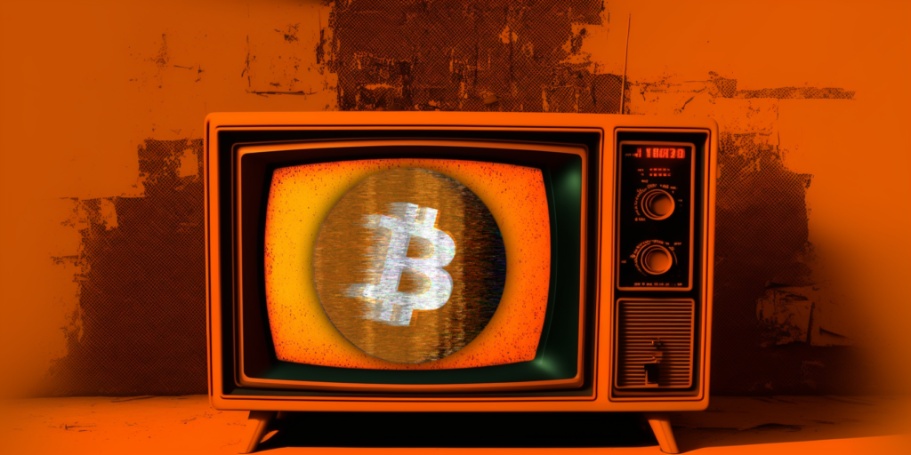 fuzzy orange tv with bitcoin logo. See the bitcoin signal through the static noise. bitocin foqus background logo 