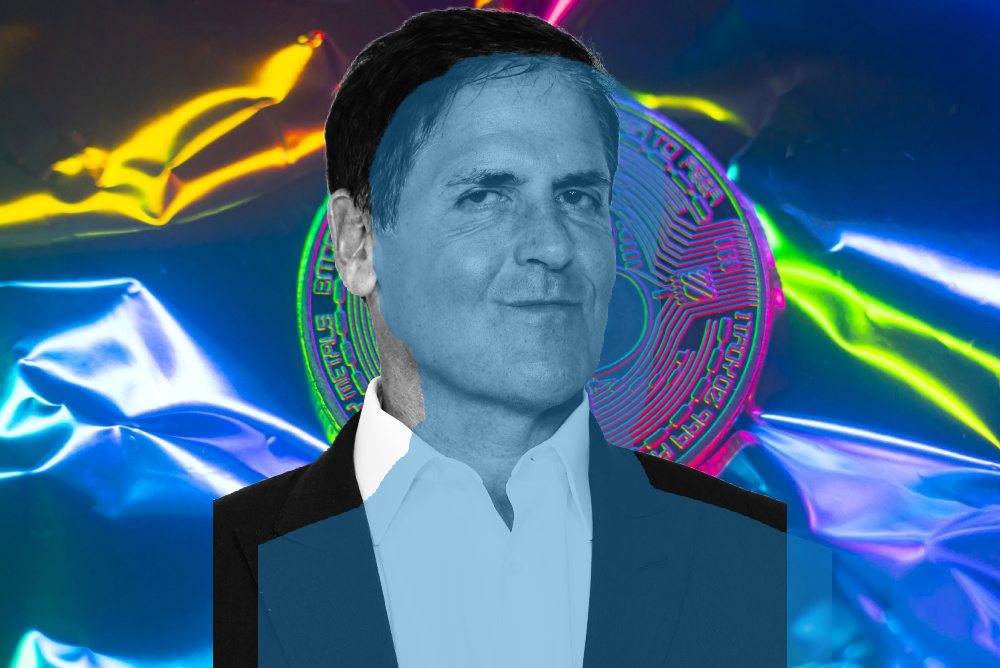 Mark Cuban on Bitcoin. color shifted photo of mark cuban with bitcoin in the background 