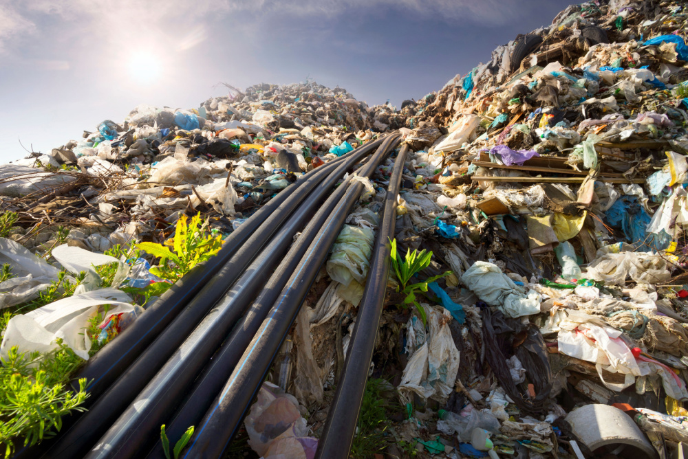 waste methan for mining bitcoin. landfill with pipes for siphoning methane to generate electricity 