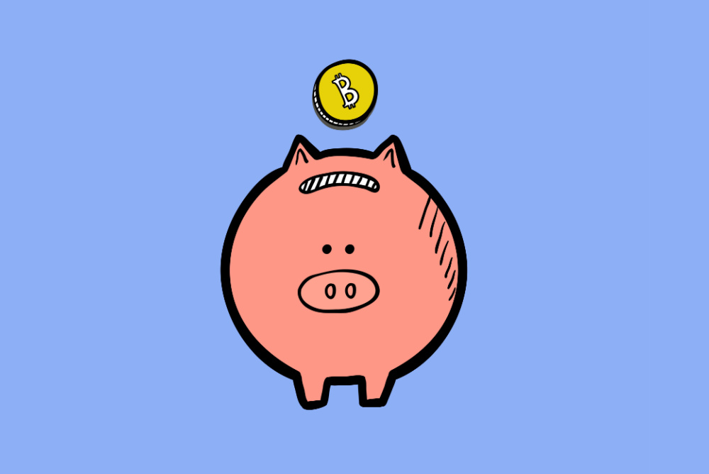 bitcoin crowdfunding platforms. cartoon piggy bank with bitcoin dropping in on pastel blue background 