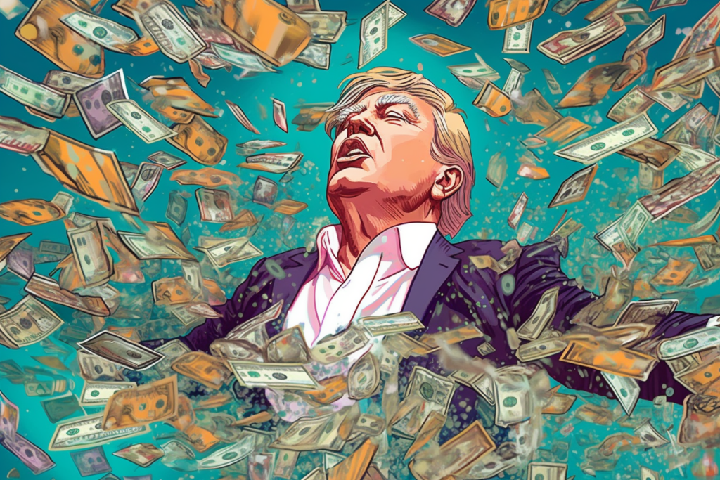 donald trump swimming in dollar bills. trump loves us dollars 