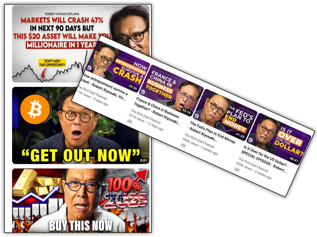 screenshot of youtube videos about and by robert kiyosaki. exaggerating and fear mongering about upcoming financial collapse 