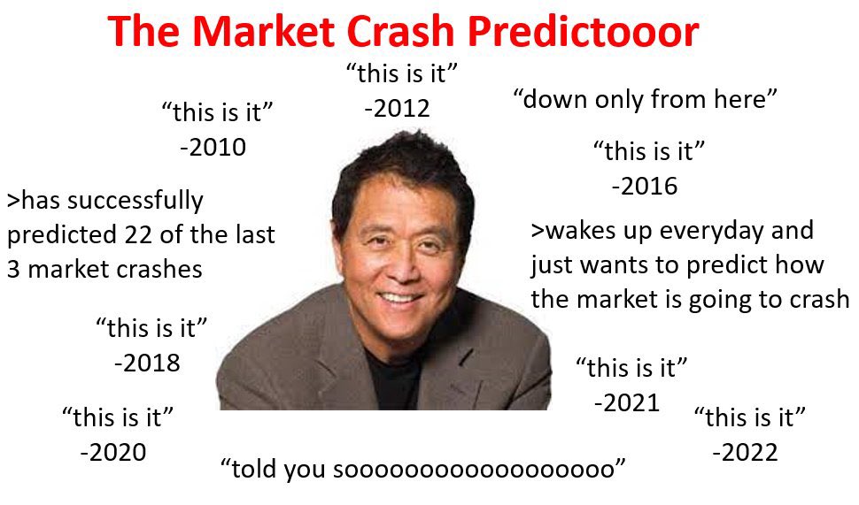 the market crash predictor meme. calling a crash since 2010, consistently wrong every year, but one year he may be right. even a broken clock is right twice per day. 