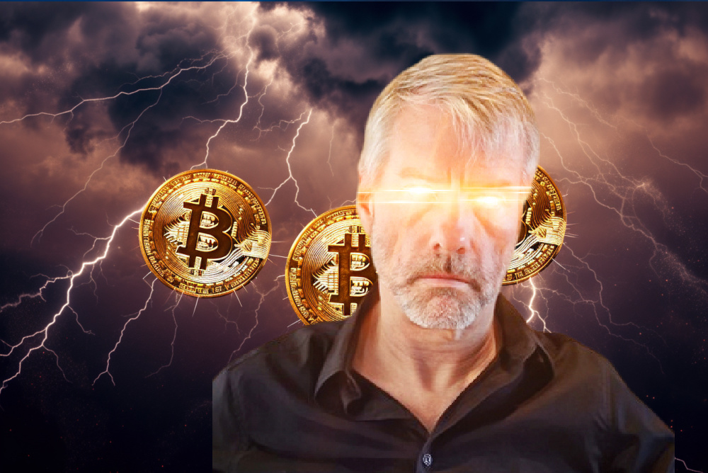 michael saylor on bitcoin. michael saylor with laser eyes. bitcoins electrified by lightning in background. 