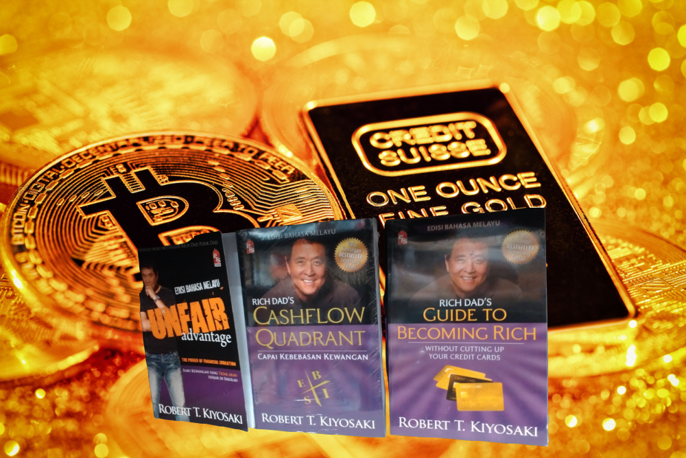 Robert Kiyosaki on Bitcoin. background of one ounce bright yellow gold bar from credit suisse and bitcoin coin with cutout of books by Robert Kiyosaki 