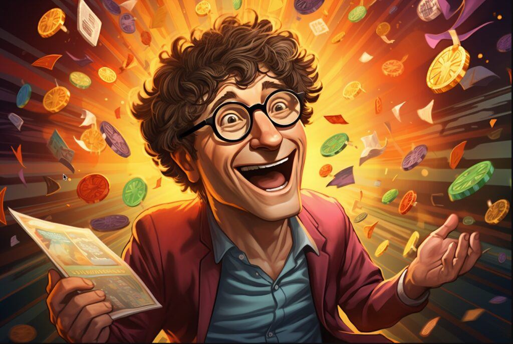 James Altucher on Bitcoin. cartoon of james altucher with explosion of colorful crypto coins in the background. 