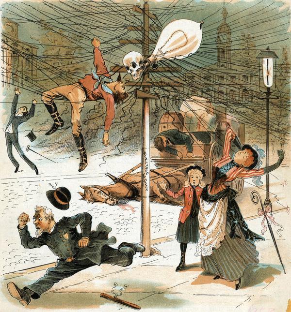 old political cartoon showing fear of electricity. 