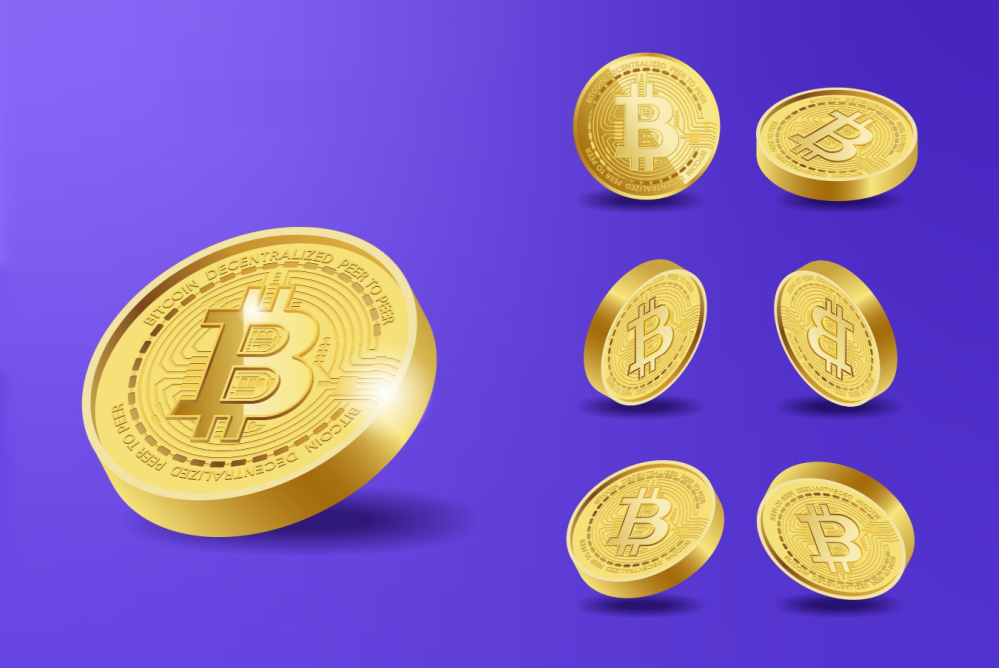 Bitcoin Investing For Beginners. Bitcoin on a purple background. Cartoon bitcoin, simple design. Thick round fat bitcoin 