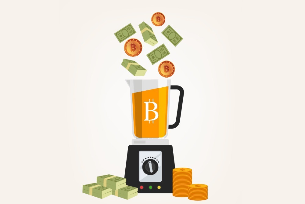 Retire On Bitcoin. bitcoin coins and dollar bills being blended up into a smoothie colored orange like bitcoin. 