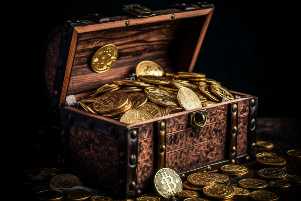 pirate treasure chest filled with bitcoin. corporate bitcoin treasury concept 