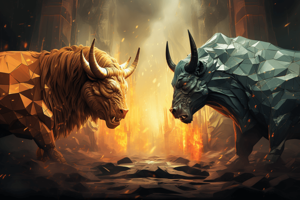 Investing In Bitcoin VS Investing In Stocks for Beginners. bitcoin bull with long flowing hair and golden horns facing up against the fiat dollar stock market bull in blue-green 