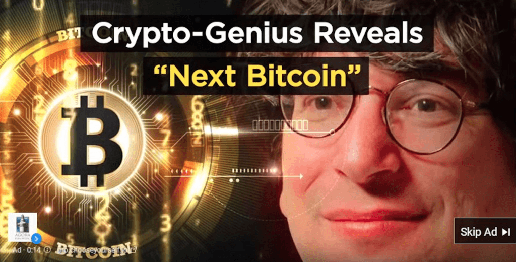 crypto-genius ad shown on YouTube. james altucher face with bitcoin logo 