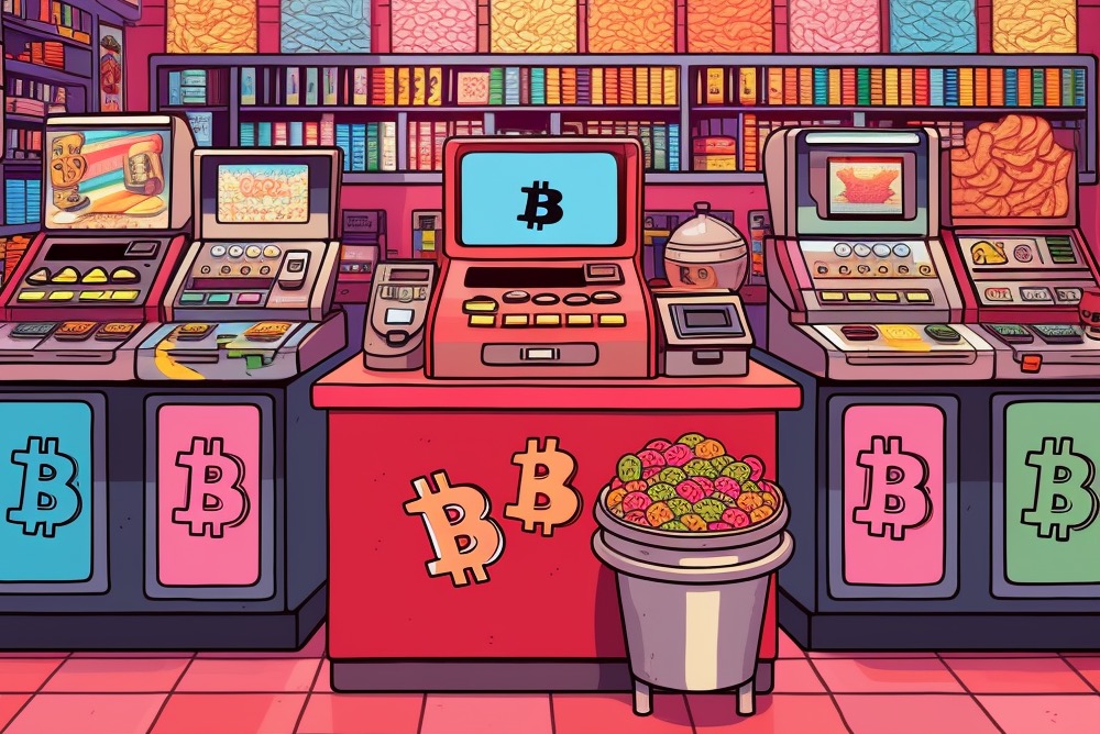 how much bitcoin should a beginner buy? bitcoin in a candy store. colorful bitcoin in a candy shop with bitcoin on cash register. 