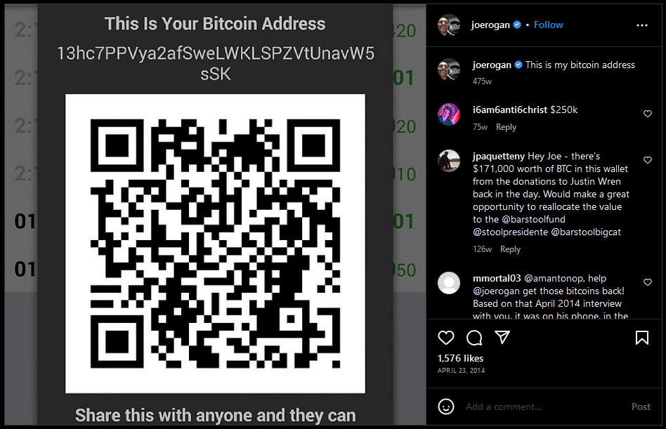 bitcoin address qr code posted by joe rogan in 2014 