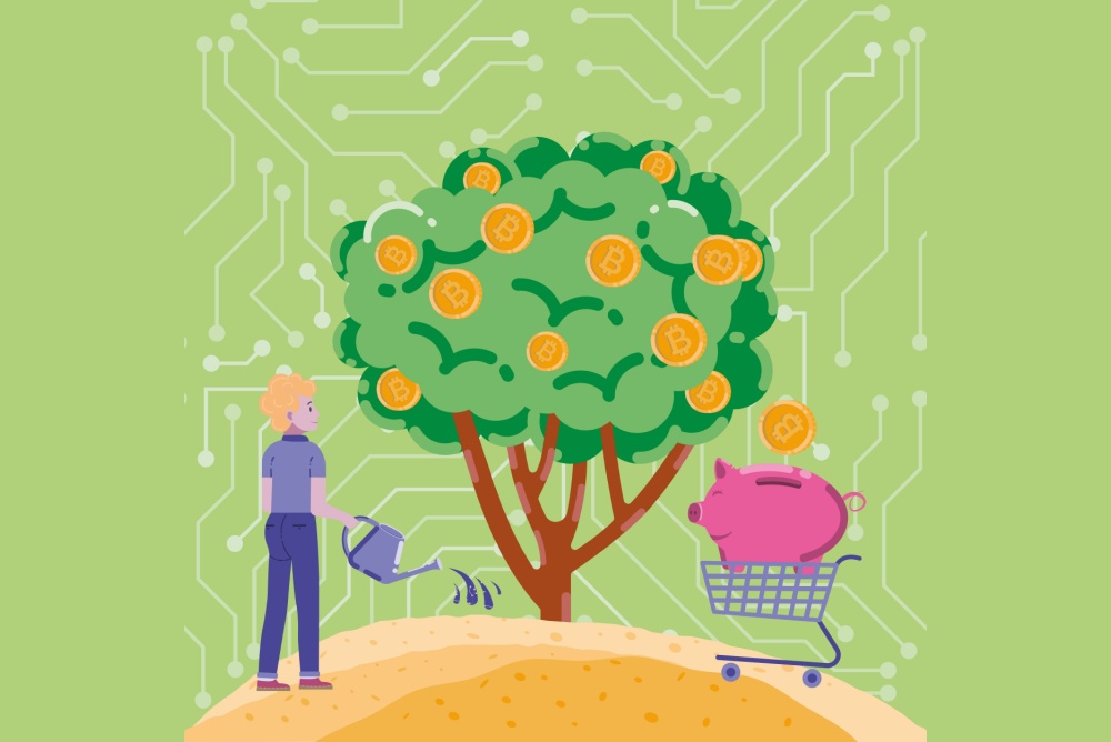 woman watering tree with bitcoin growing from the branches and being deposited into a piggy bank 