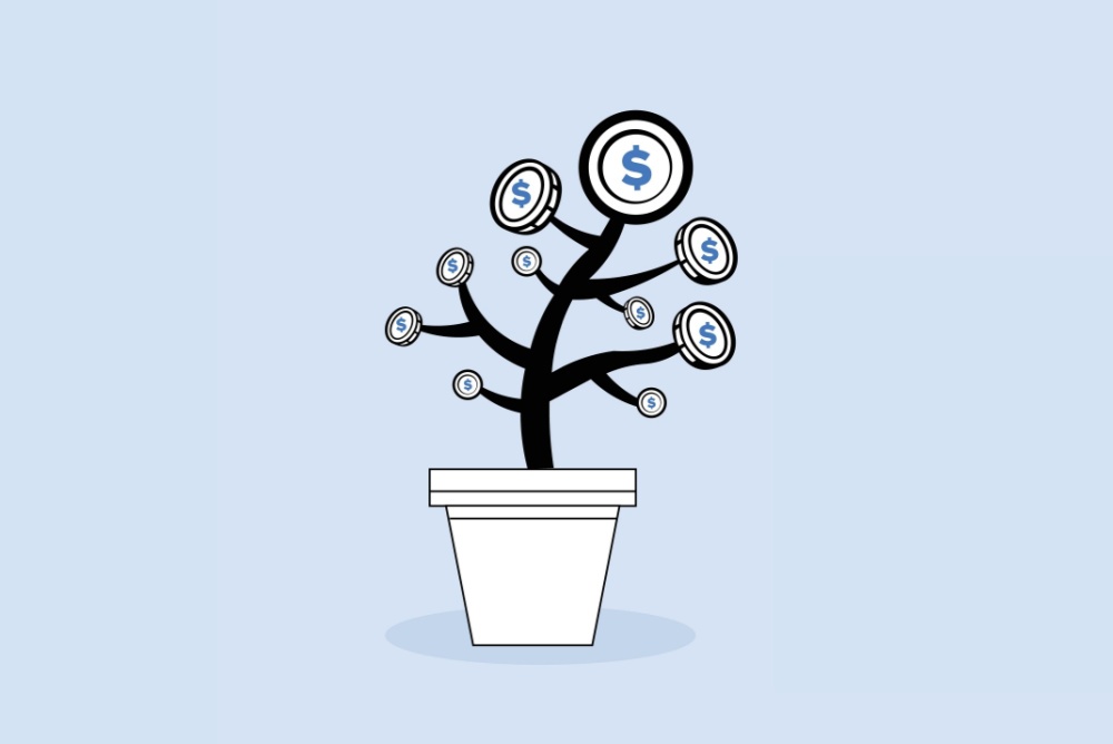 blue tree concept with dollars growing from branches. investing in the stock market to grow your money. 