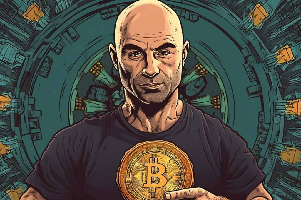 joe rogan holding a bitcoin. space theme background 