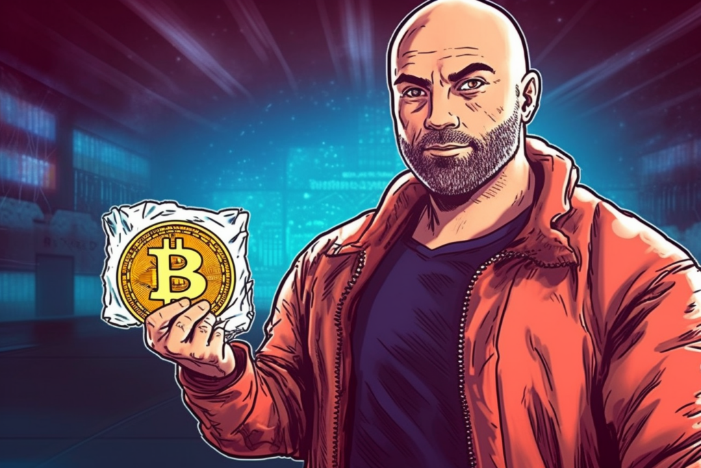 joe rogan holding a bitcoin sign. computer graphics in background 