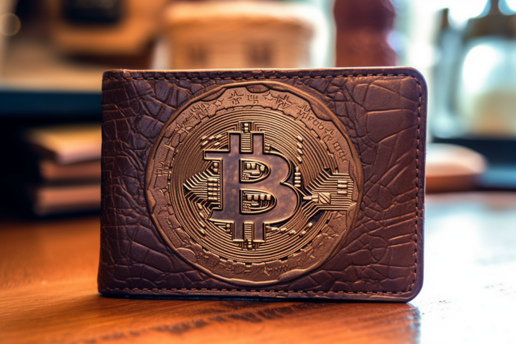 best bitcoin wallet for beginners. leather wallet with bitcoin logo stamped into it. 