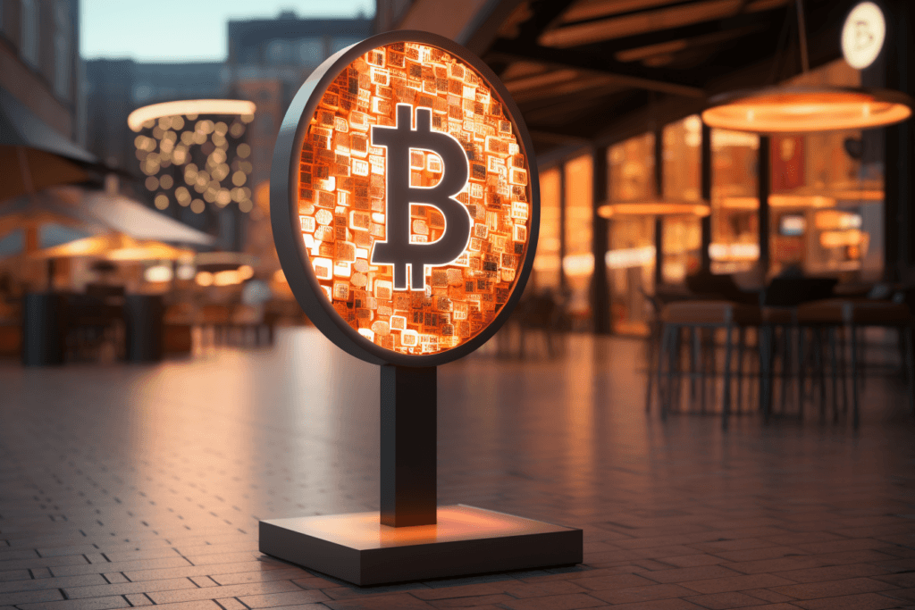 bitcoin exchange sign. concept art. glowing bitcoin sign in city center 