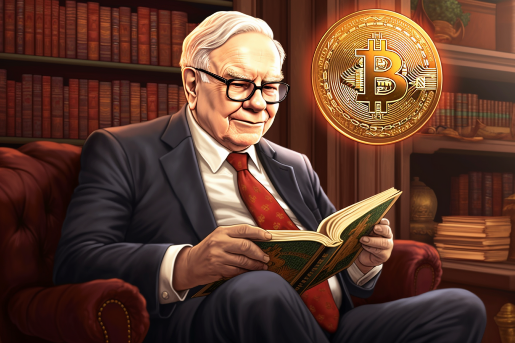 warren buffett thinking about bitcoin in his library. 