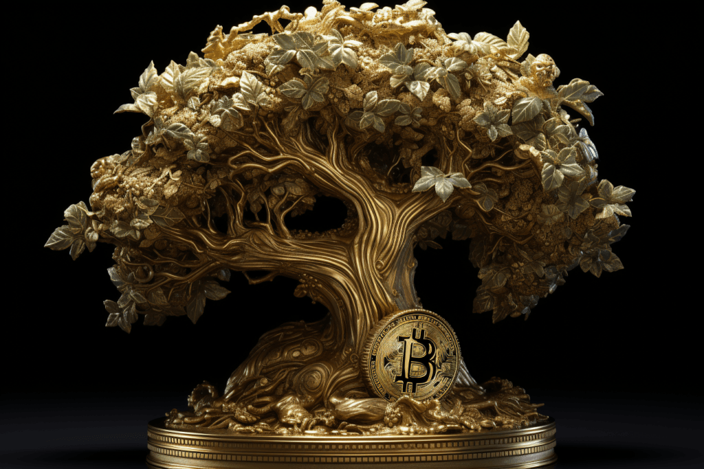 Benefits Of Investing In Bitcoin. gold and green bonzai style tree with bitcoin at the bottom. 