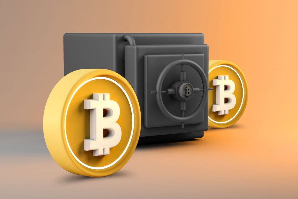 3d vector art of bitcoin coins and a black safe. long term bitcoin storage for 100 years 