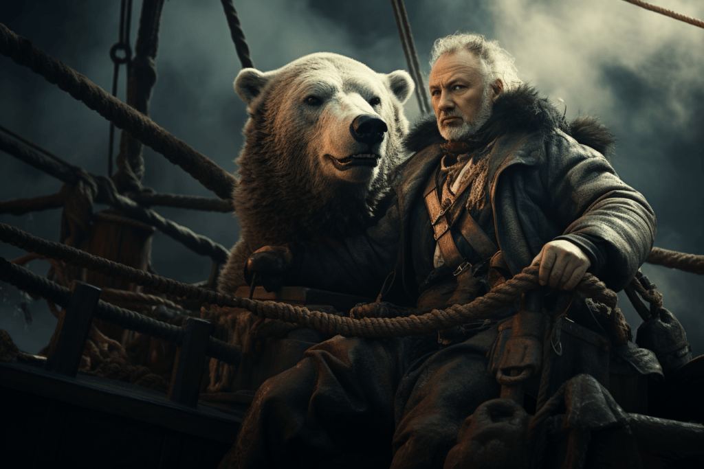 ai generated imager of peter schiff on a pirate ship with a bear at the helm. peter schiff the permabear 