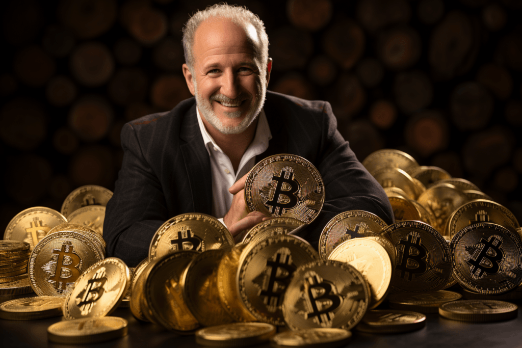 Peter Schiff on Bitcoin. Peter Schiff holding a pile of large bitcoins. ai-generated image. 