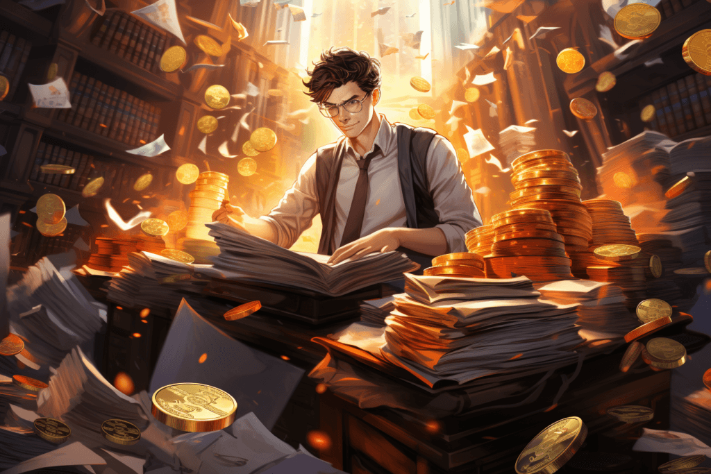 young man studying bitcoin with many books and papers. bitcoins flying as he studies. bitcoin knowledge. 