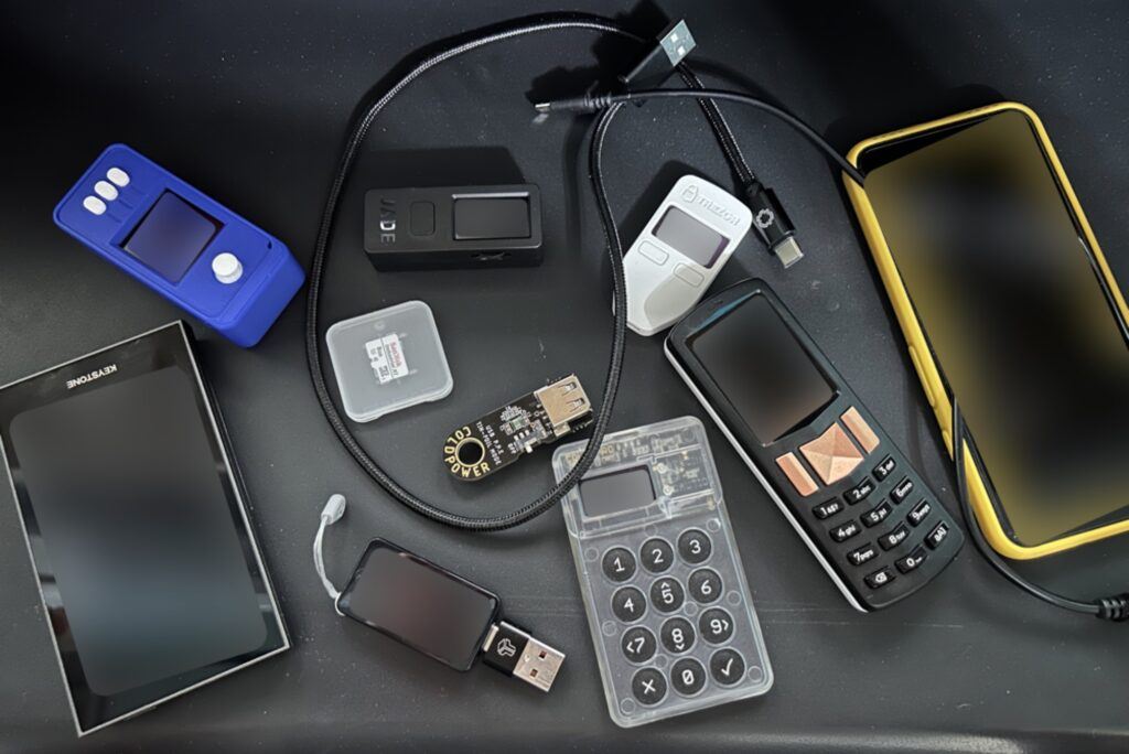 7 different bitcoin only hardware wallets scattered on black background. seedsigner, keystone, blockstream jade, bitbox02, coldcard mk3, foundation passport, trezor model one 