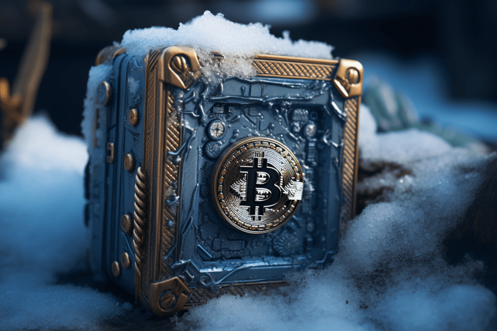 bitcoin cold wallet concept. blue lock box with snow and ice around it. bitcoin logo on front. 