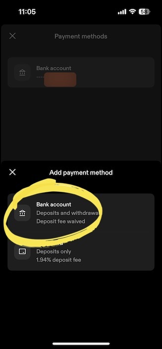 add a bank account or debit card on strike 