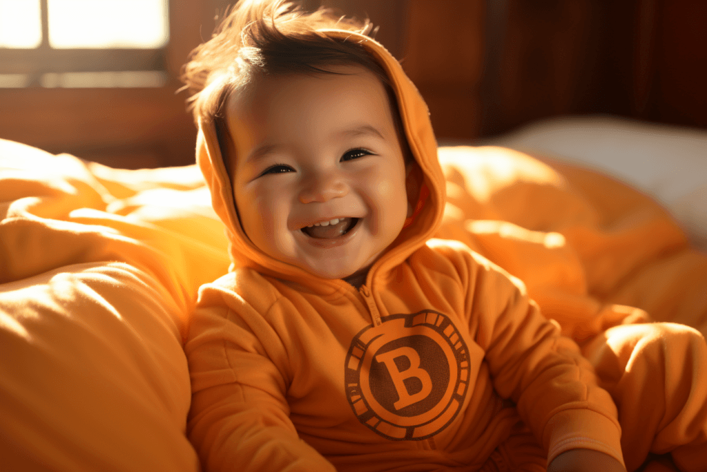 baby bitcoiner learning to buy and sell bitcoin. buy and sell bitcoin for beginners. baby in a bitcoin onesie 