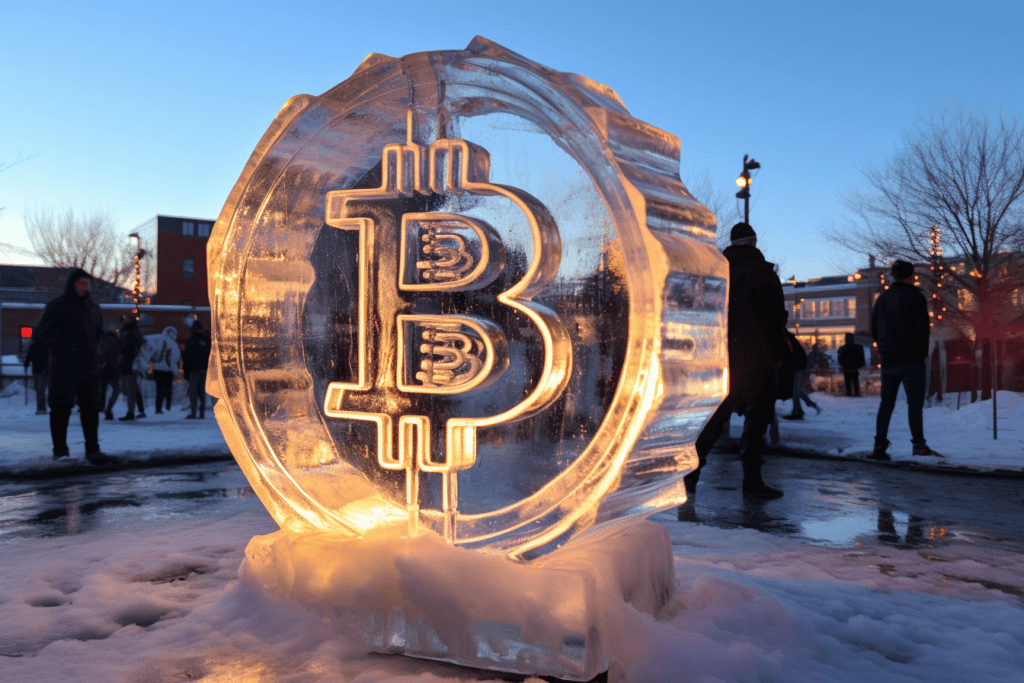 bitcoin ice sculpture in the town center, near walkway. evening in the winter with holiday lights in the background 