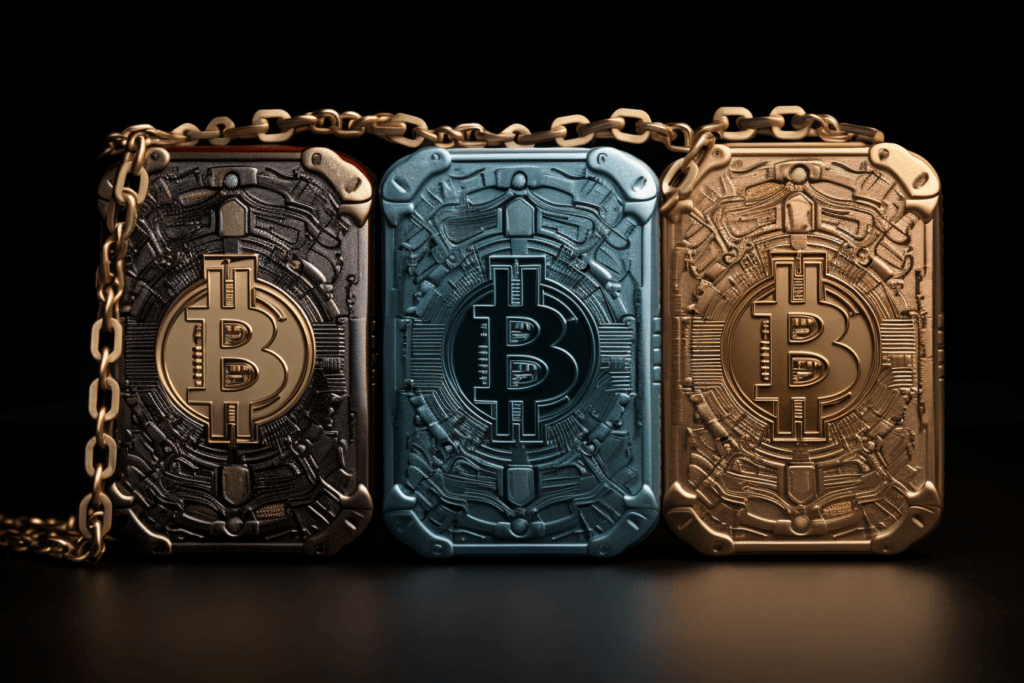 three metal cases stamped with bitcoin logo and connected by chain. 2 of 3 multisig bitcoin wallet concept art. 