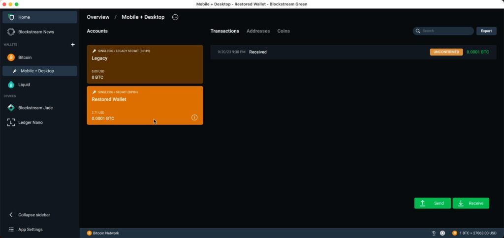 blockstream green desktop wallet with transaction history from mobile wallet actions 