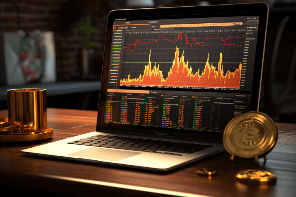 chart of bitcoin price action with hourly candles and trend lines. coffee cup on mac keyboard. 