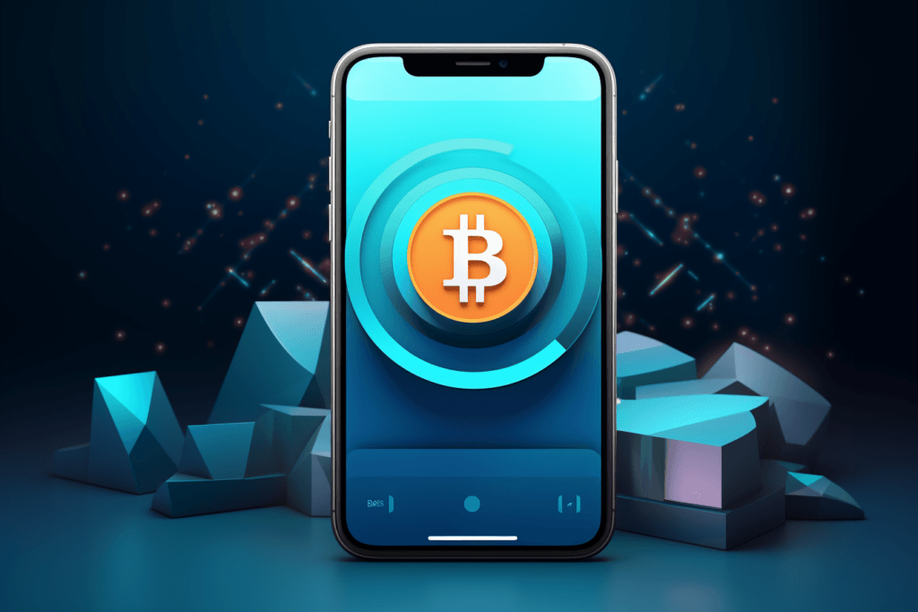 blue mobile phone with bitcoin logo. bitcoin mobile app concept 