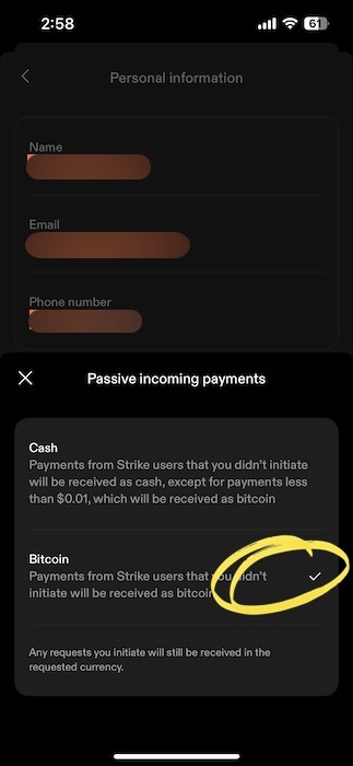 change passive payments in strike to bitcoin 